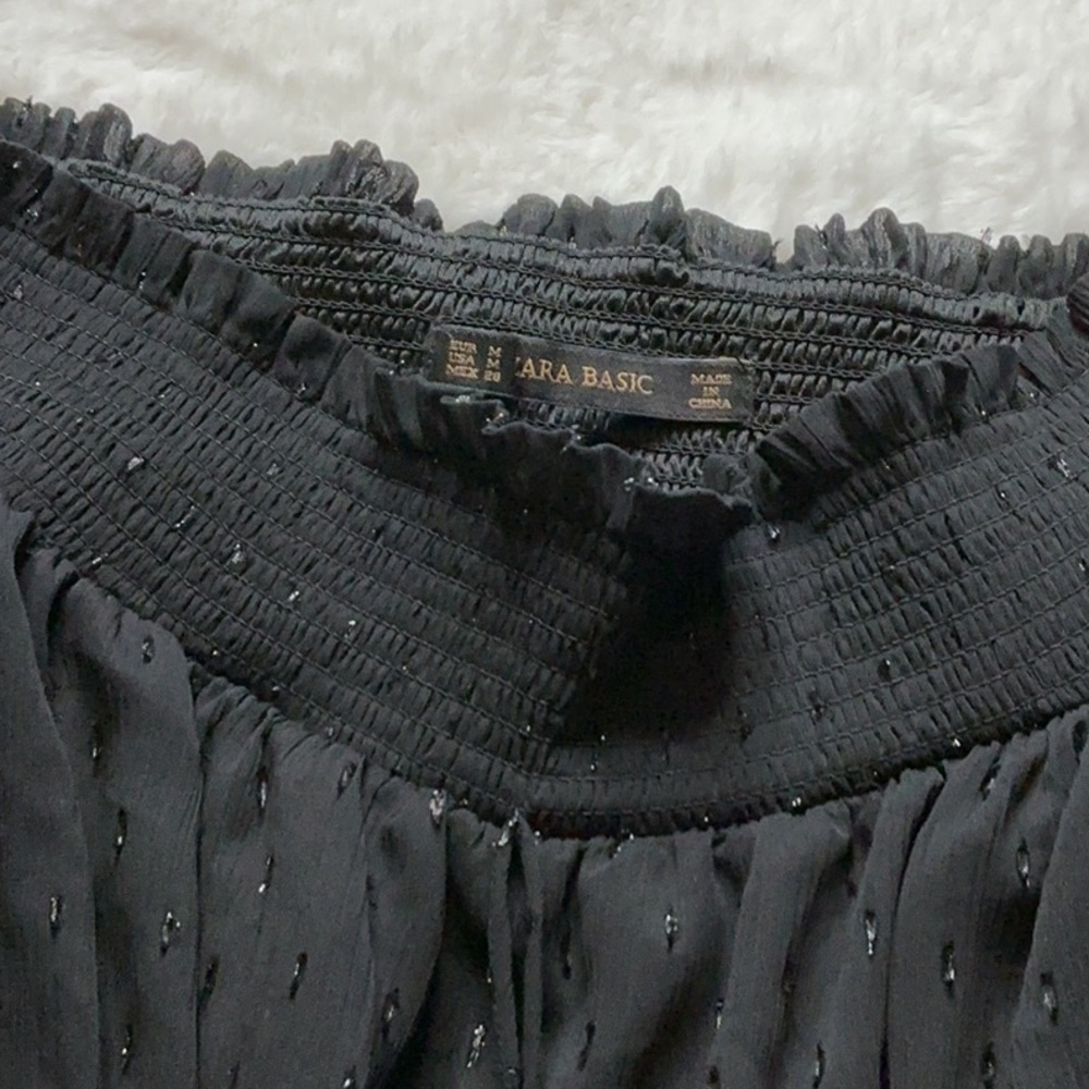 Zara Black Swiss Dot Off-the-Shoulder Blouse with Tassels - Picture 11 of 11